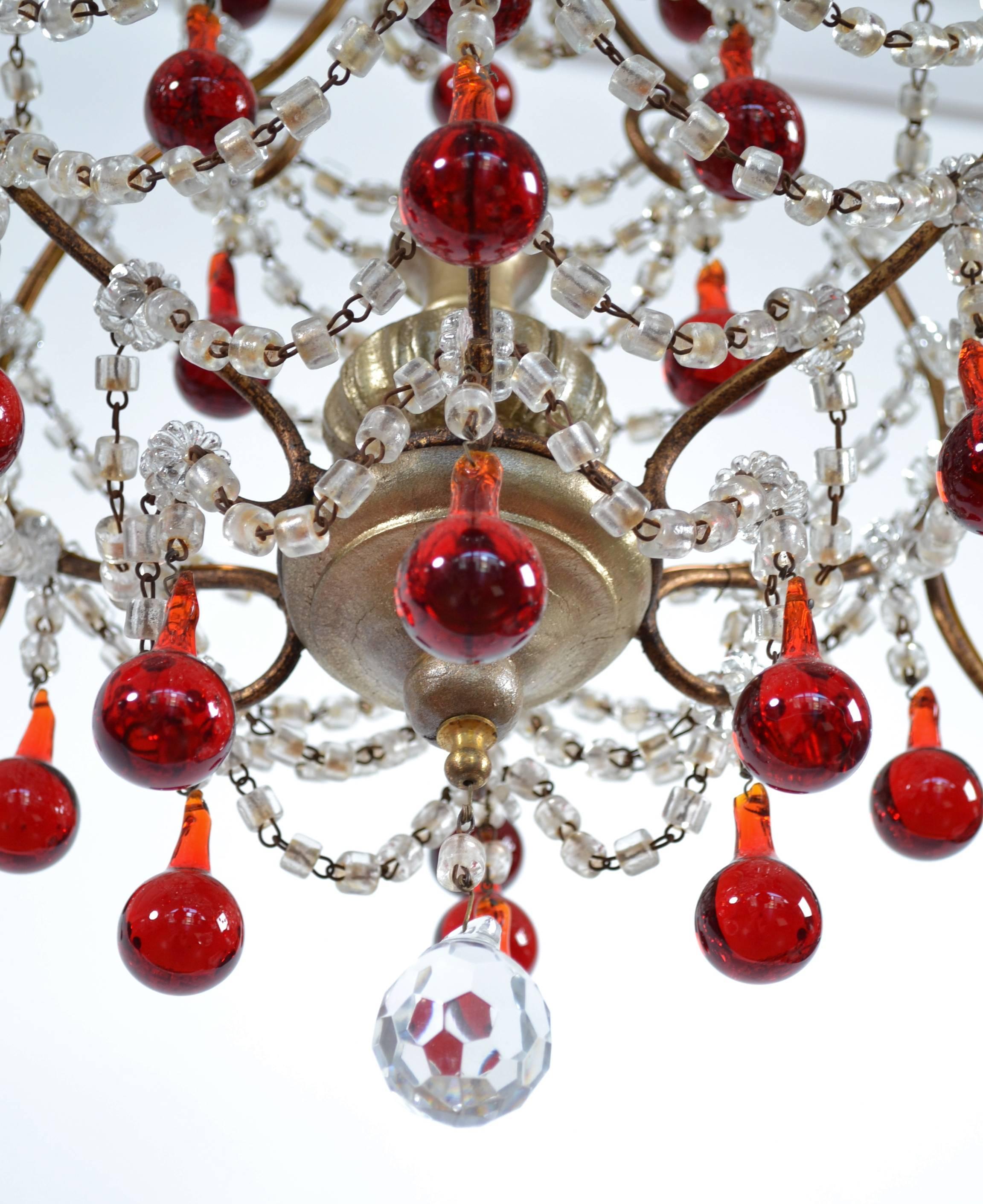 Mid-20th Century Italian Murano Red Glass Drops Chandelier, 1950s with Four Lights