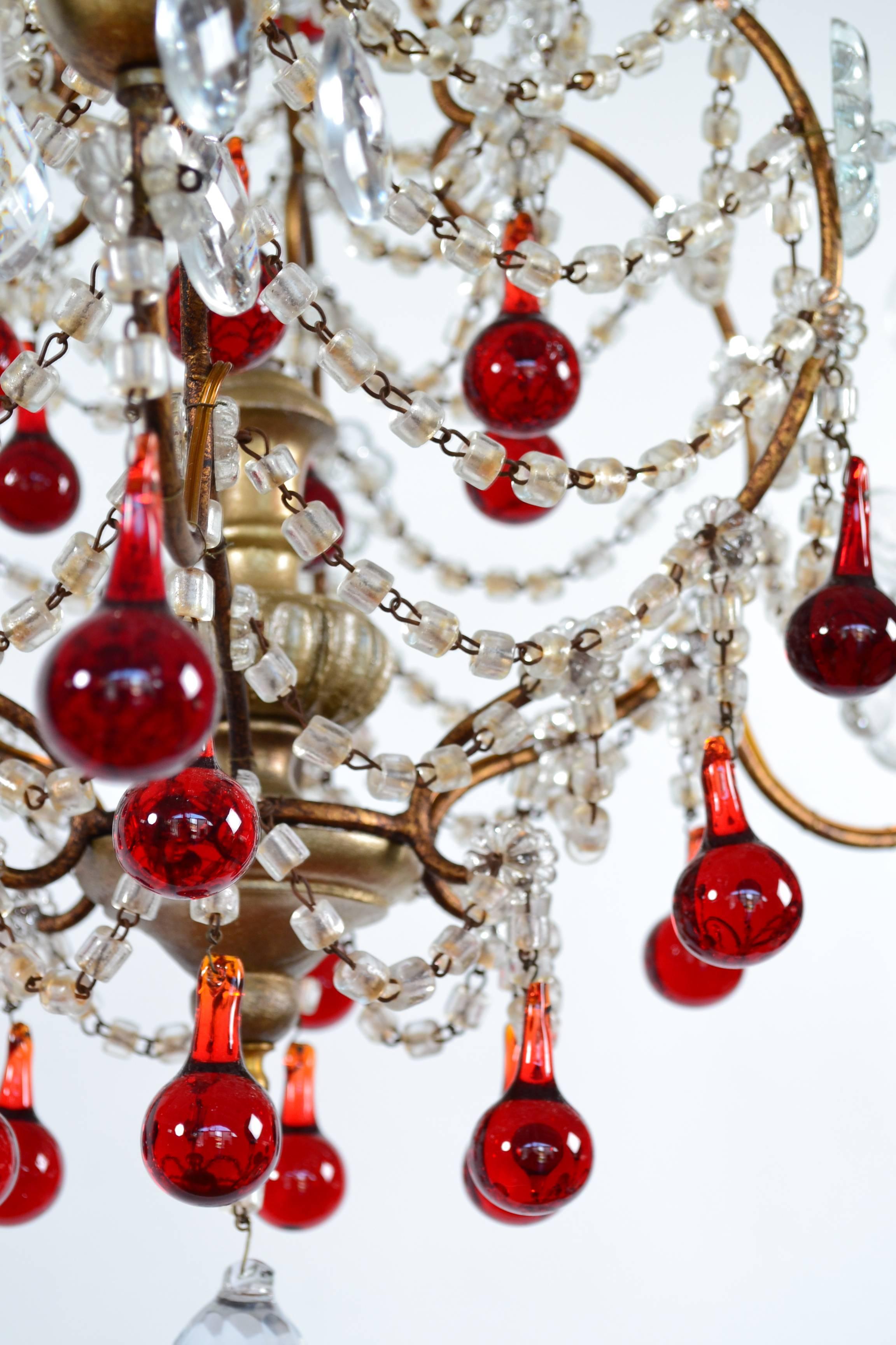 Italian Murano Red Glass Drops Chandelier, 1950s with Four Lights 4
