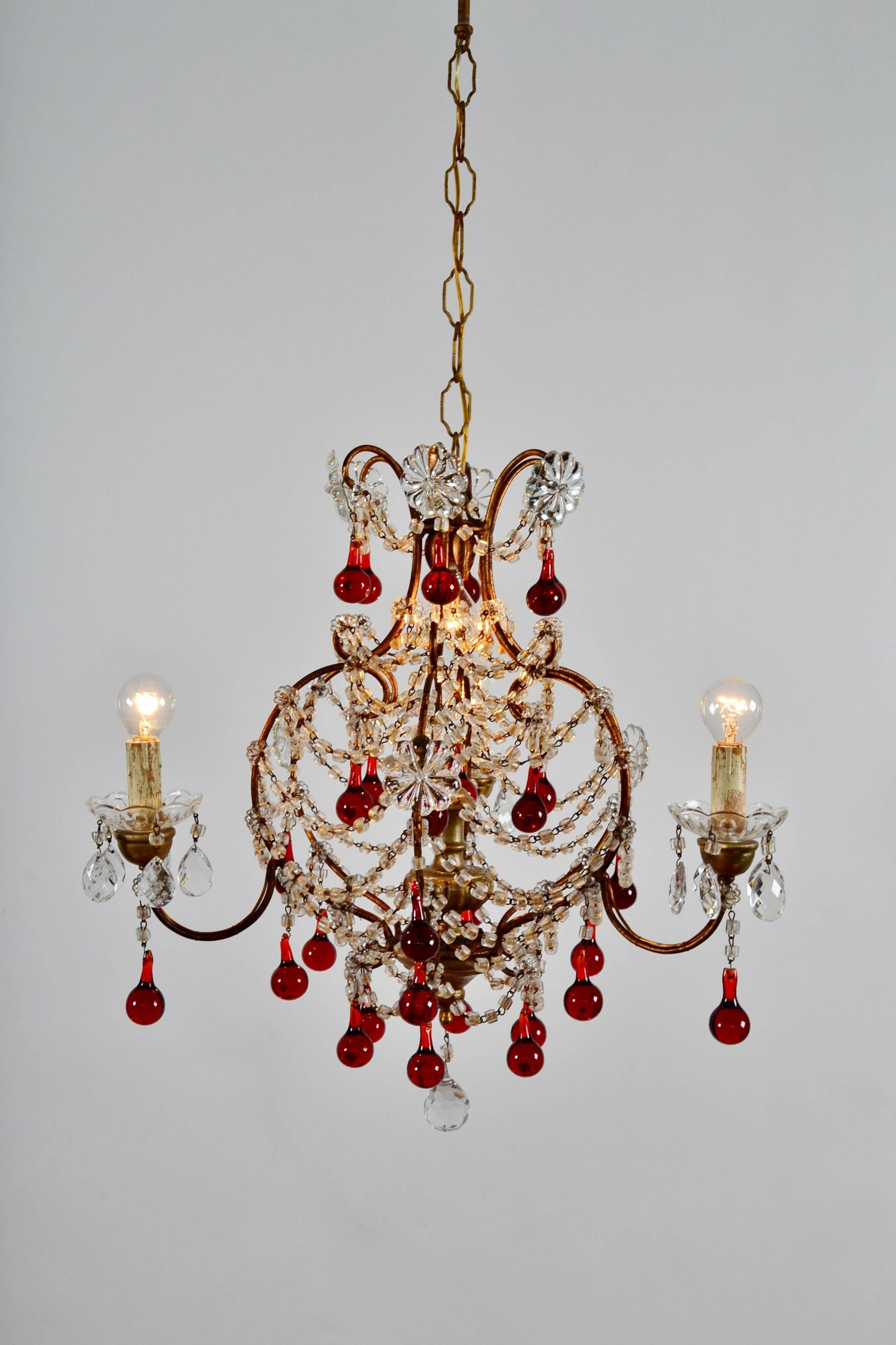 Italian Murano Red Glass Drops Chandelier, 1950s with Four Lights 5