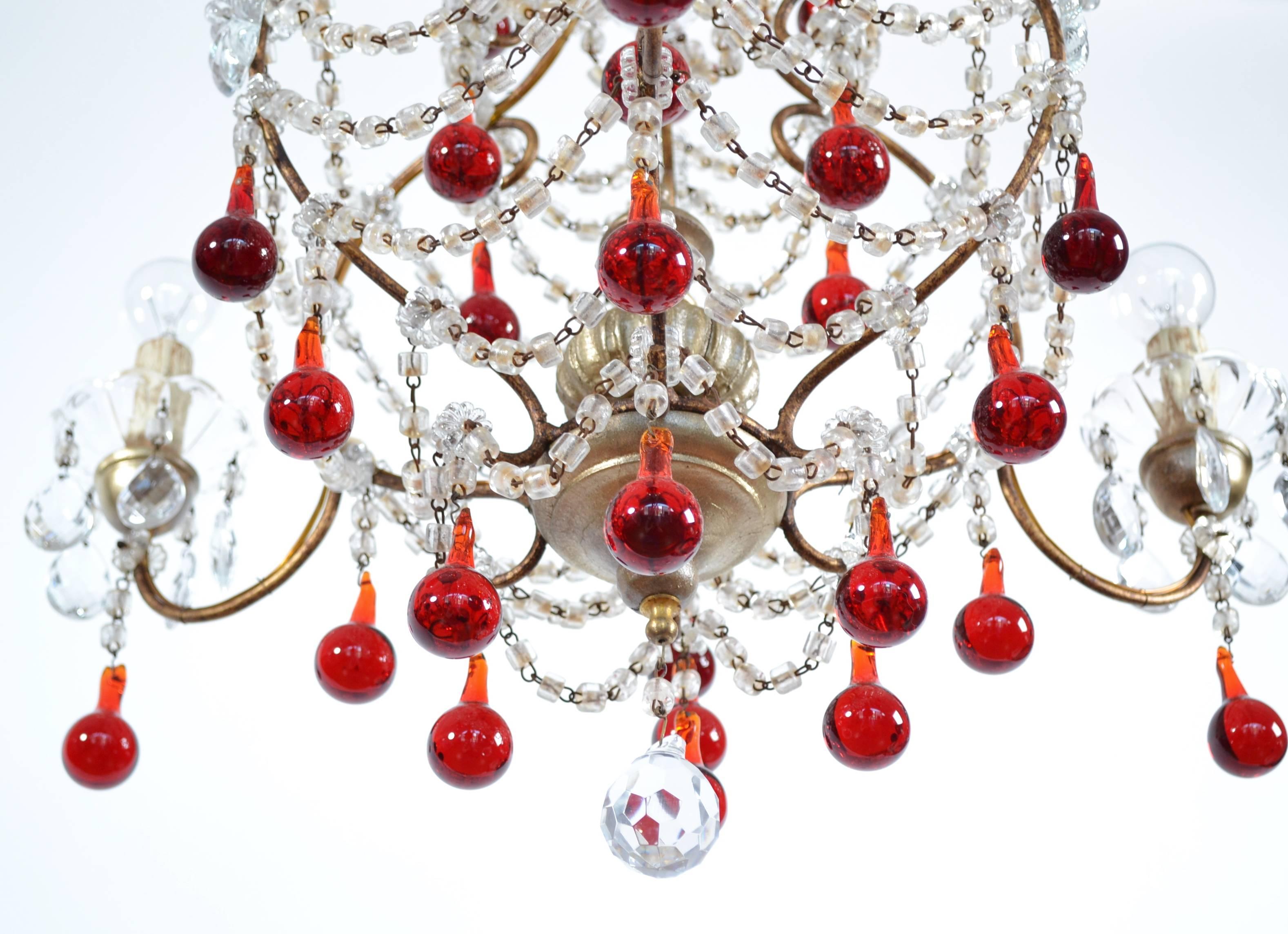 Italian Murano Red Glass Drops Chandelier, 1950s with Four Lights 6