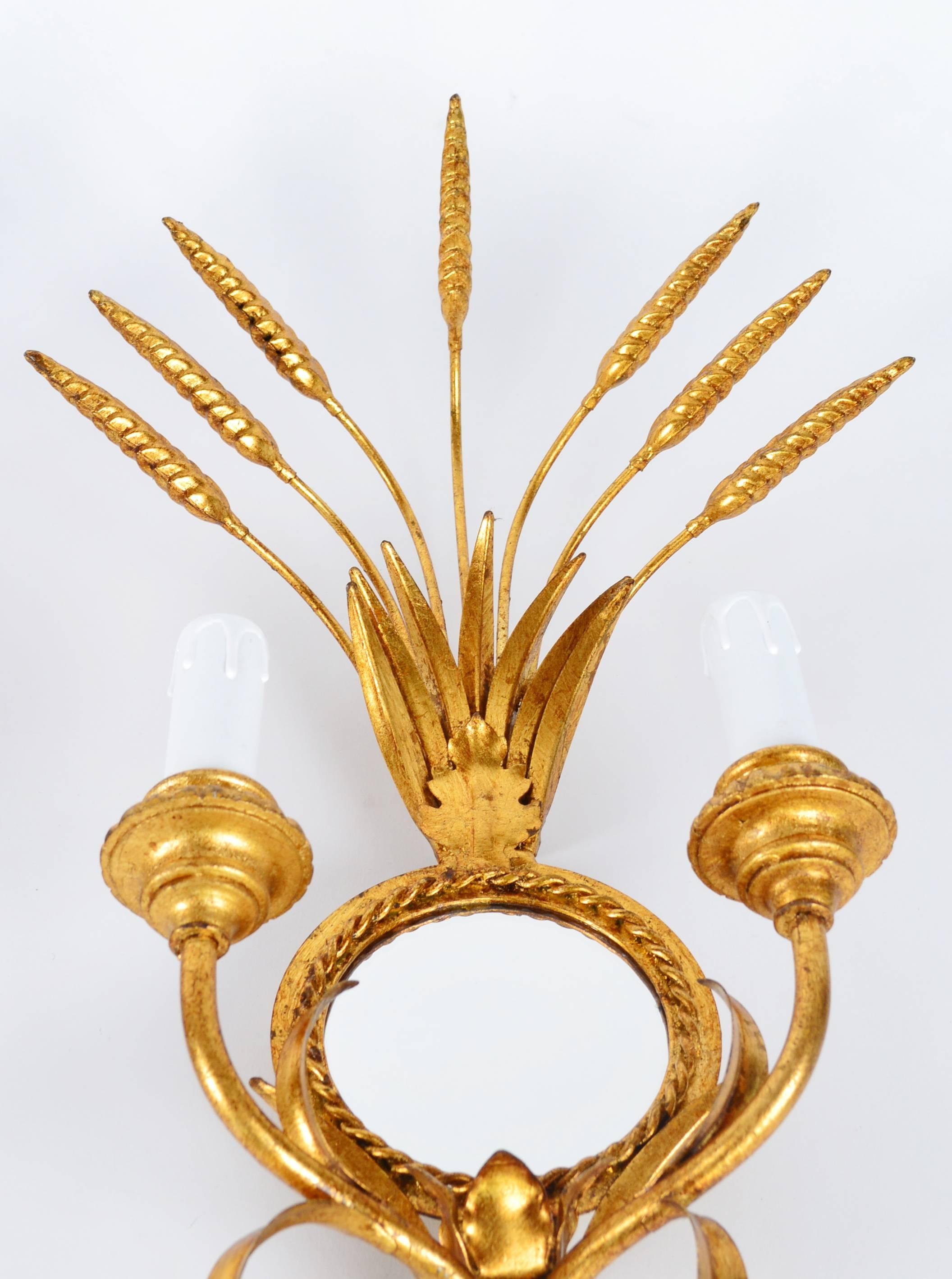 Pair of Italian Mirrored Giltwood Wheat Sconces Hollywood Regency In Excellent Condition In Morazzone, Varese