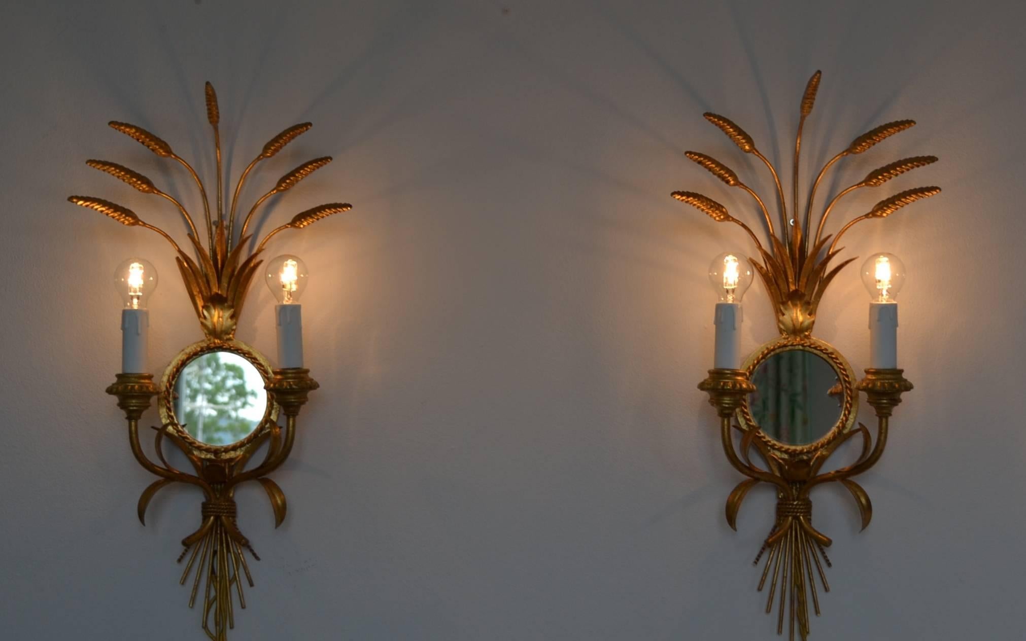 Pair of Italian Mirrored Giltwood Wheat Sconces Hollywood Regency 3