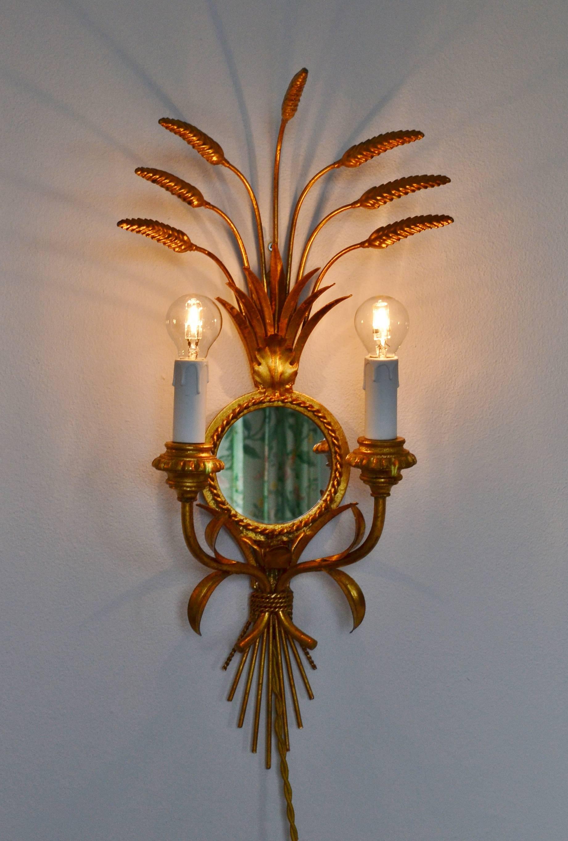 Pair of Italian Mirrored Giltwood Wheat Sconces Hollywood Regency 4