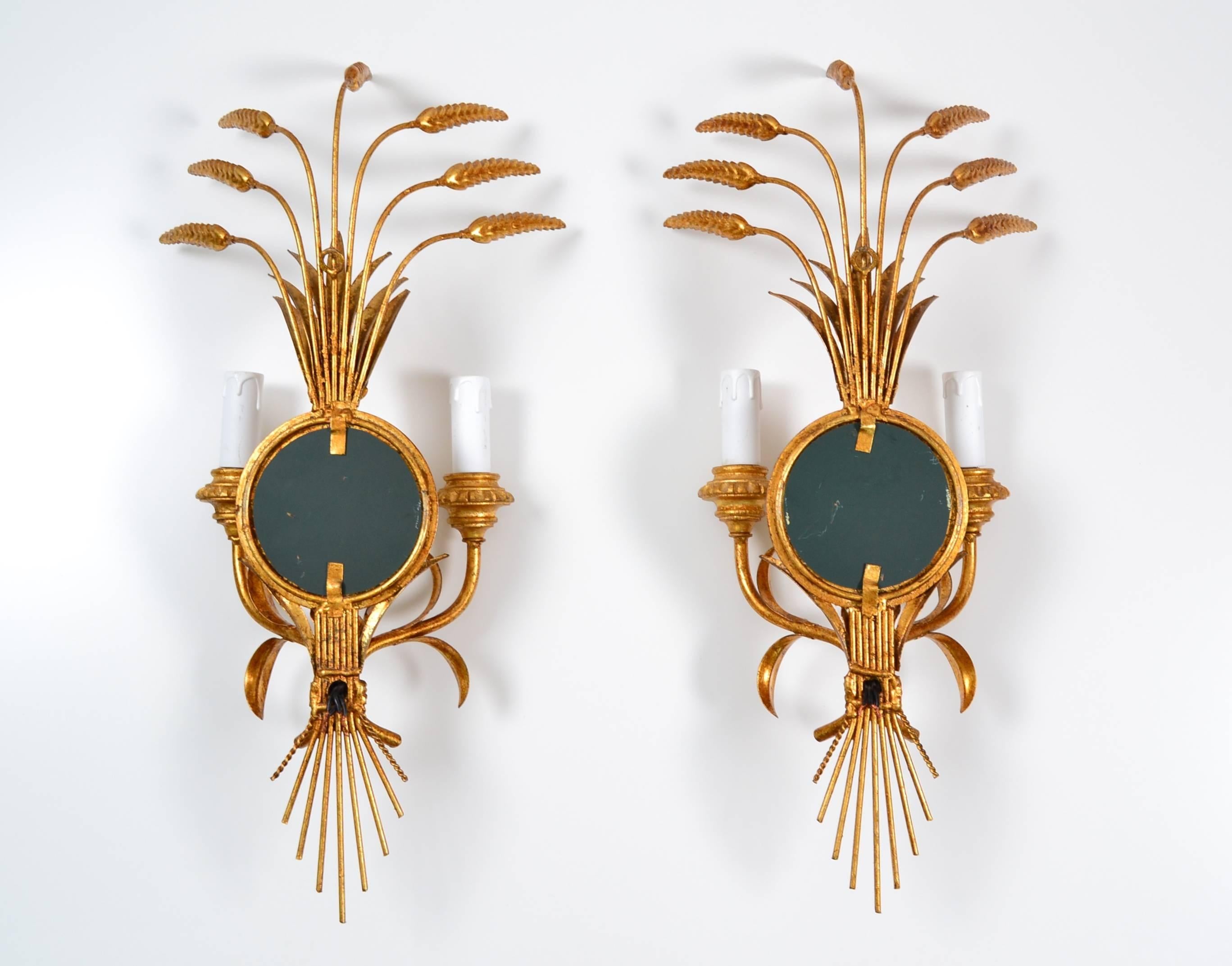 Pair of Italian Mirrored Giltwood Wheat Sconces Hollywood Regency 5