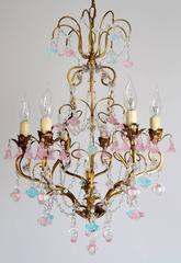 French Gilded Chandelier with Venetian Blue and Pink Murano Flowers and Stars