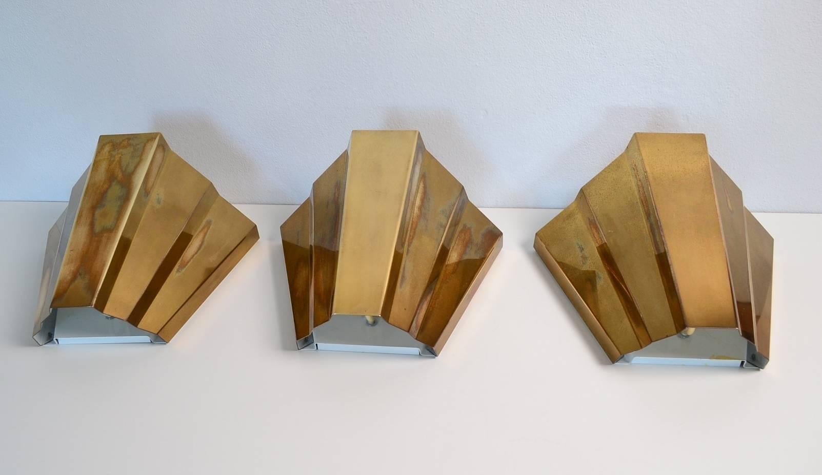 Set of Three Art Deco Style Italian Brass Wall Sconces, 1980s 1