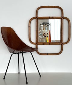 Italian Large Organic Designer Wall Mirror in Rattan and Bamboo, 1970s