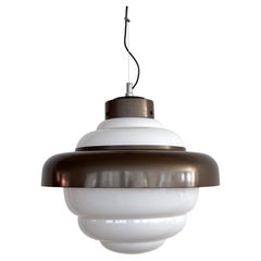 Colgante italiano posmoderno de cristal blanco con anillo de aluminio, década de los 80
