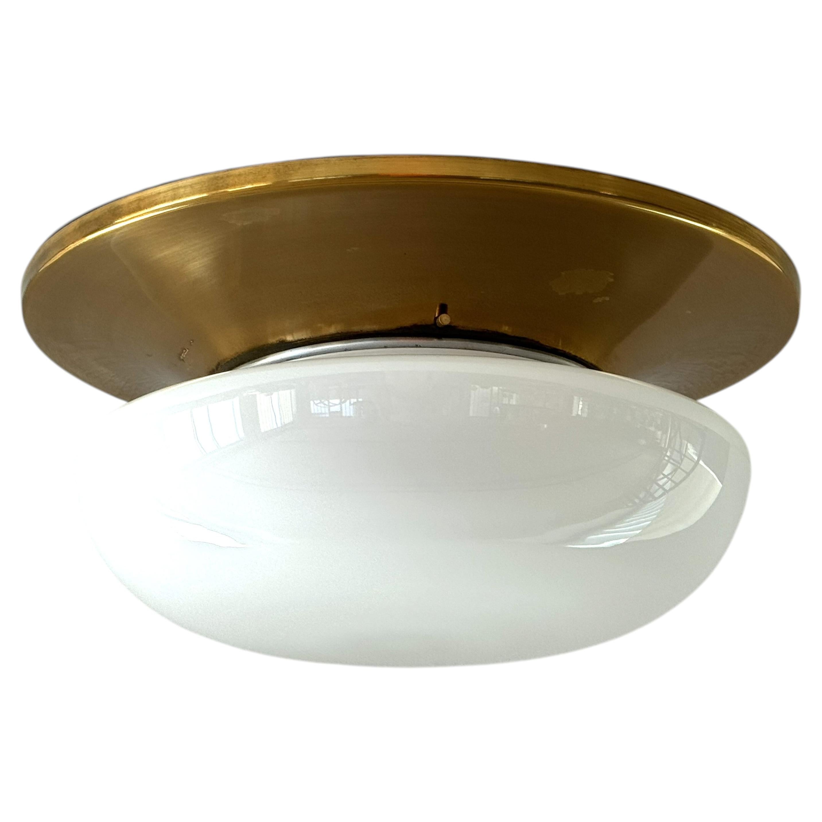 Italian Midcentury Brass and Glass Flush Mount Light, 1960s