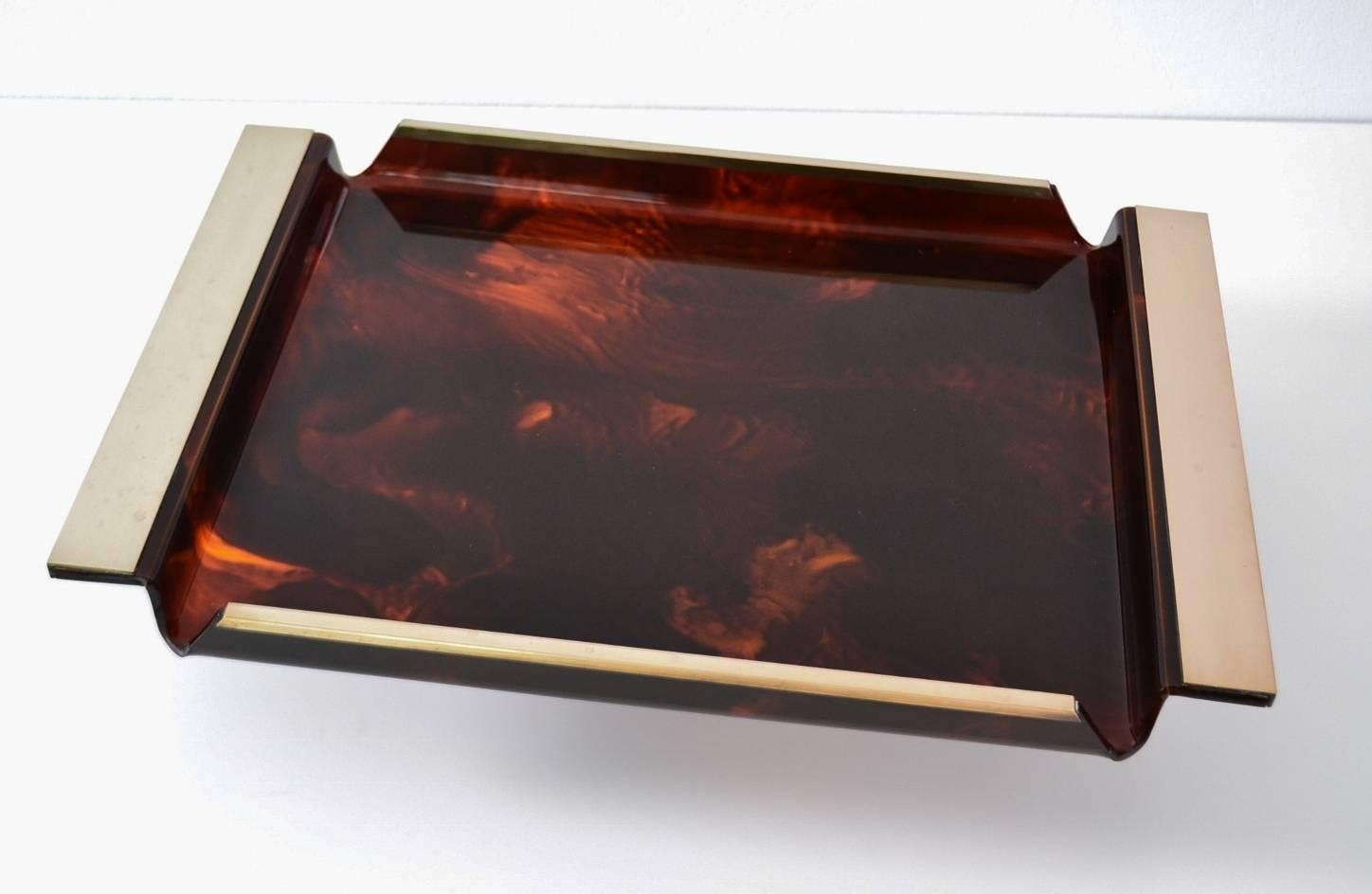 Hollywood Regency Faux Tortoiseshell Serving Tray Lucite and Brass, Italy, 1970s