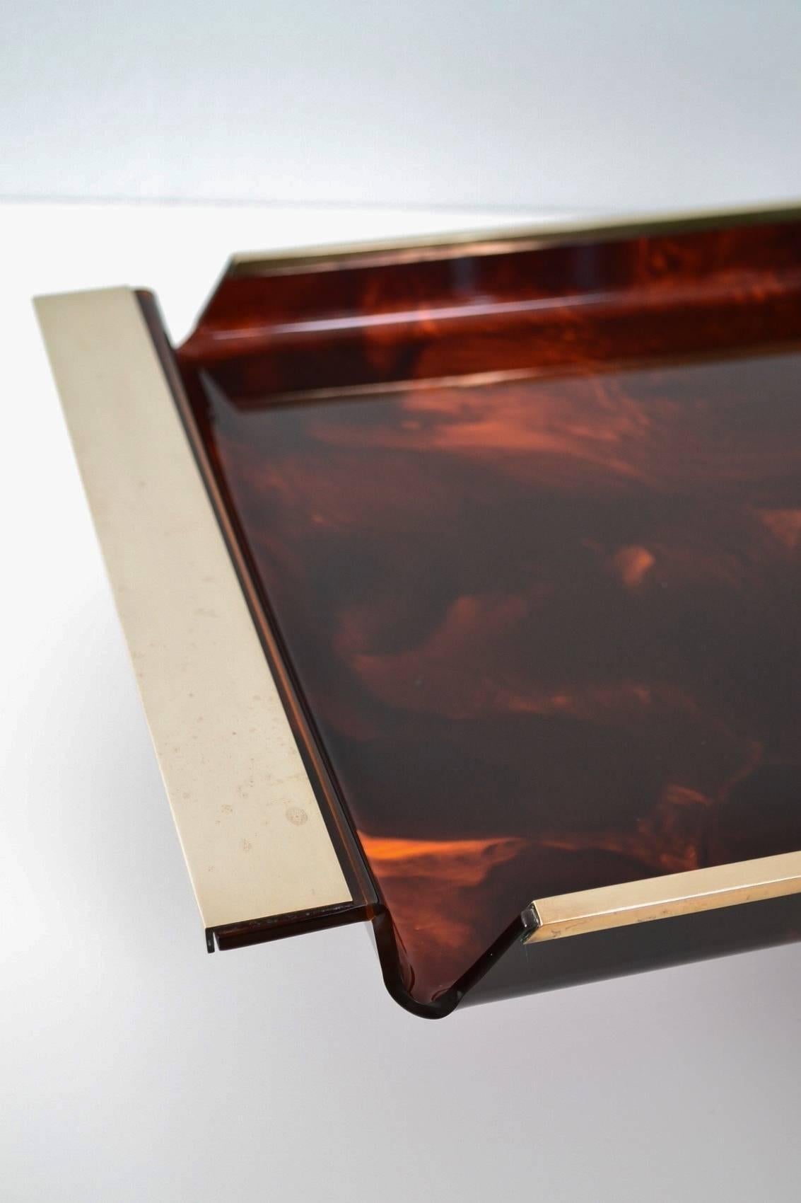 Italian Faux Tortoiseshell Serving Tray Lucite and Brass, Italy, 1970s