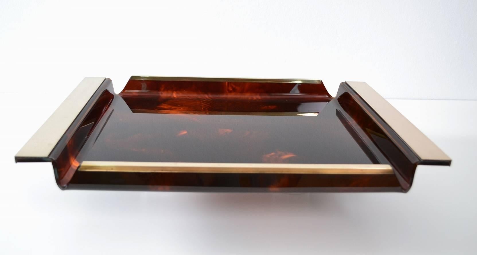 Polished Faux Tortoiseshell Serving Tray Lucite and Brass, Italy, 1970s