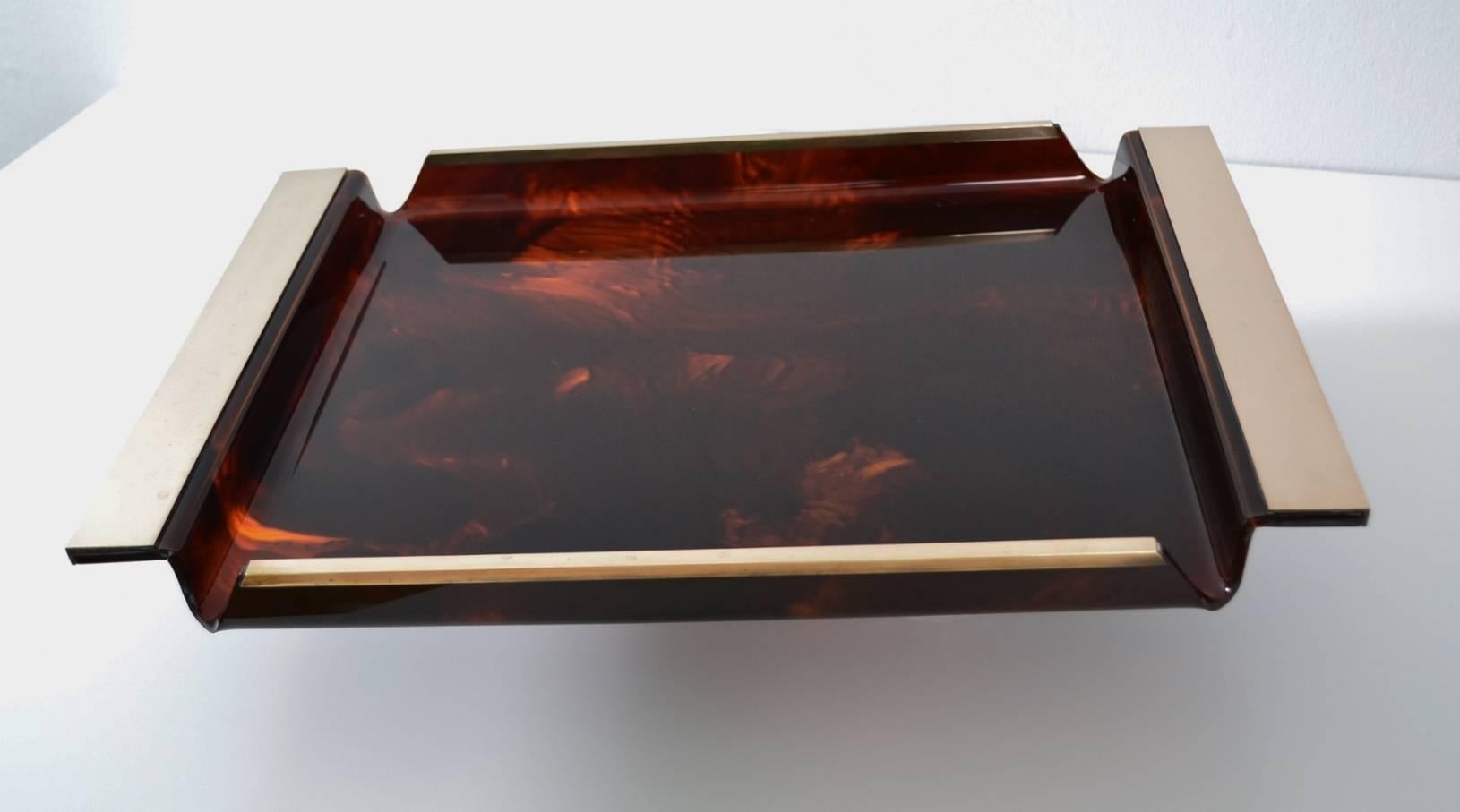 20th Century Faux Tortoiseshell Serving Tray Lucite and Brass, Italy, 1970s