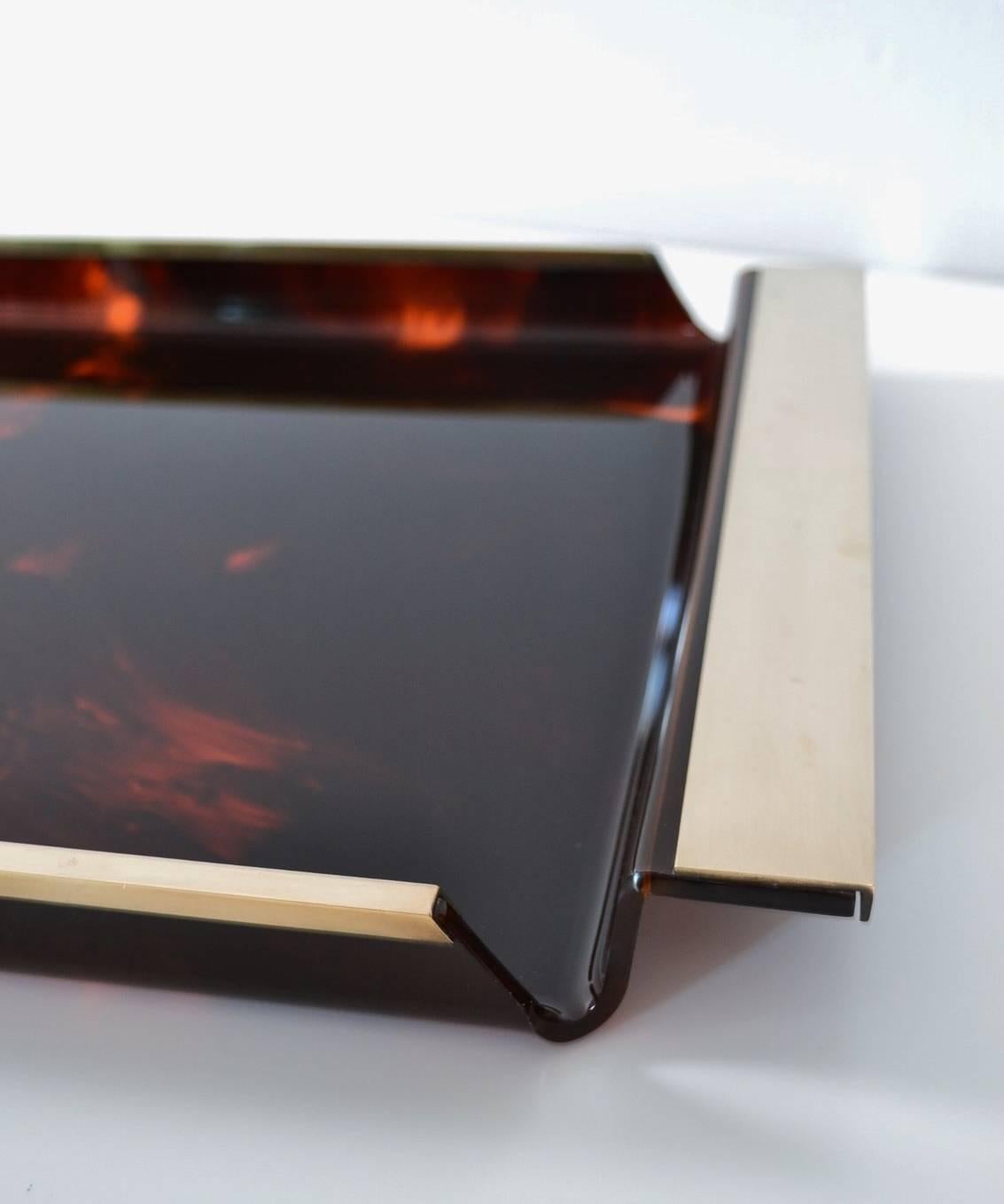 Faux Tortoiseshell Serving Tray Lucite and Brass, Italy, 1970s 1