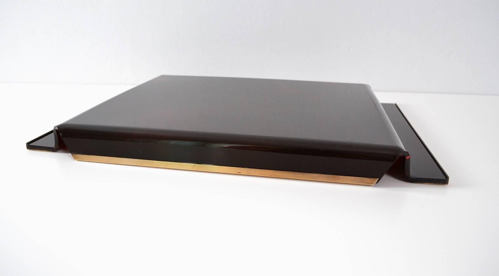Faux Tortoiseshell Serving Tray Lucite and Brass, Italy, 1970s 2