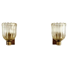 Italian Murano Crystal Glass and Brass Wall Sconces in the Art Deco Style