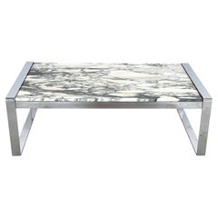 Tavolino da divano in stile Midcentury Modern con base cromata e piano in marmo arabesco, anni ’80