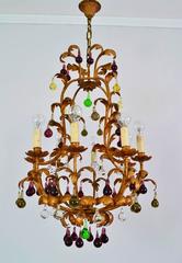 Eight-Arm Gilt Chandelier with Murano Colored Drops and Leafs, Italy, 1970s