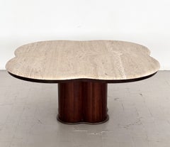 Mid-Century Modern Large Clover Coffee Table, Travertine & Dark Oak, 1970