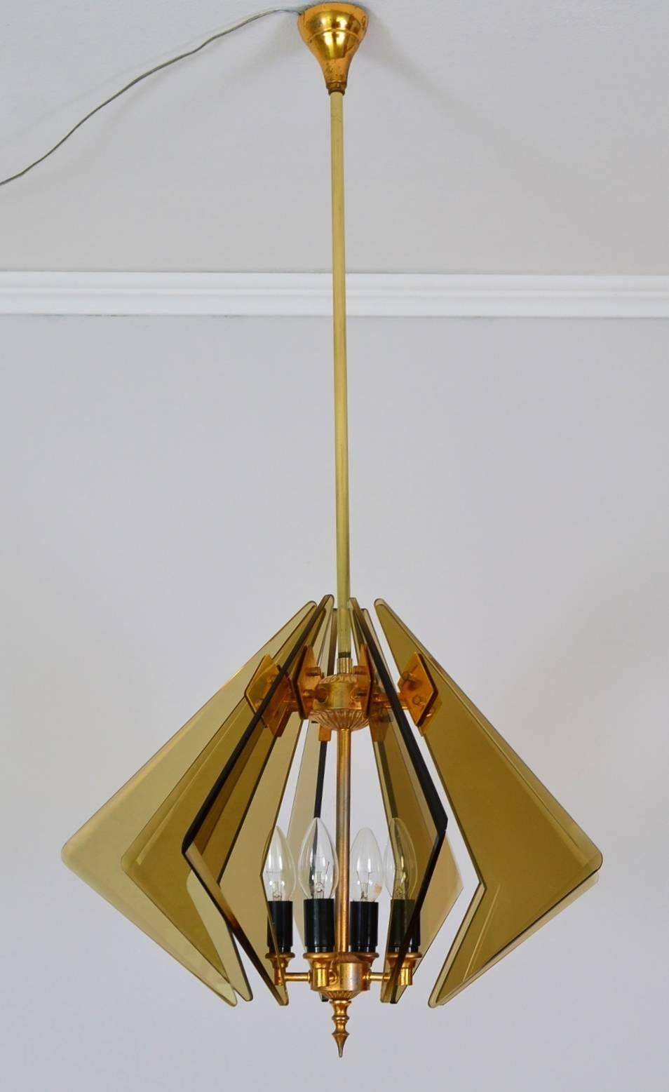 Mid-Century Modern Smoked Glass and Brass Italian Sunburst Pendant Lamp, Cristal Art, 1960s