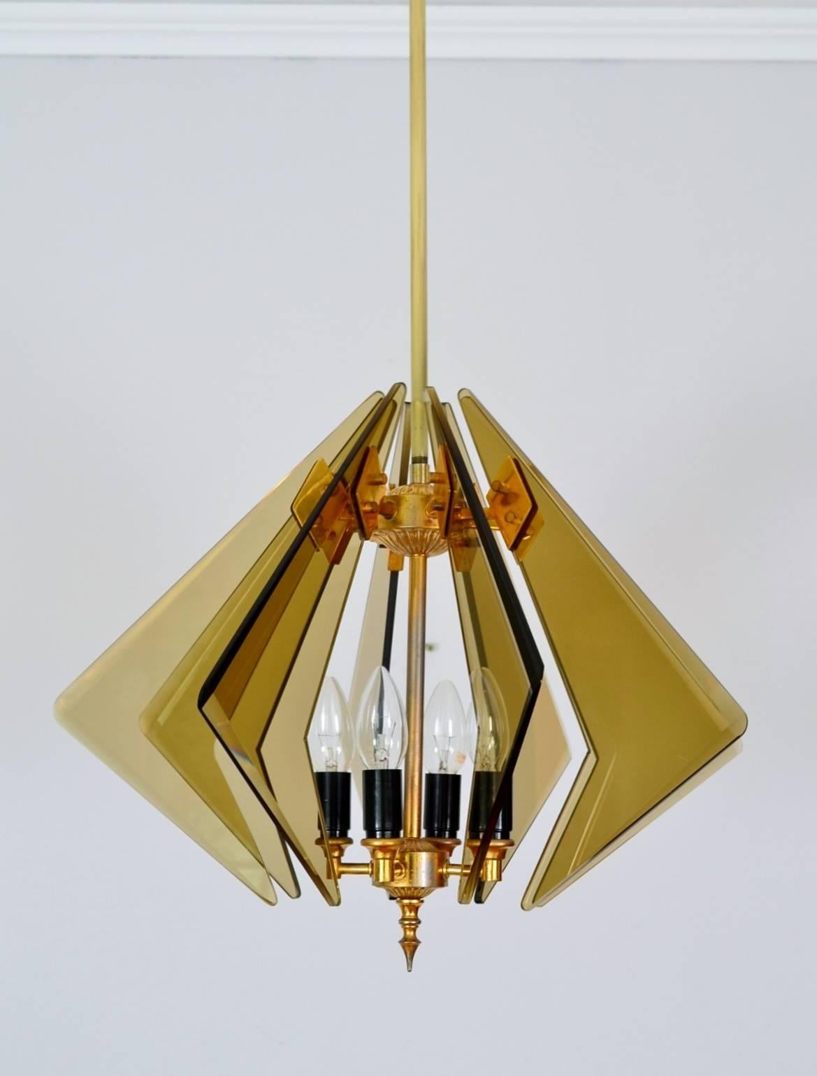 Polished Smoked Glass and Brass Italian Sunburst Pendant Lamp, Cristal Art, 1960s