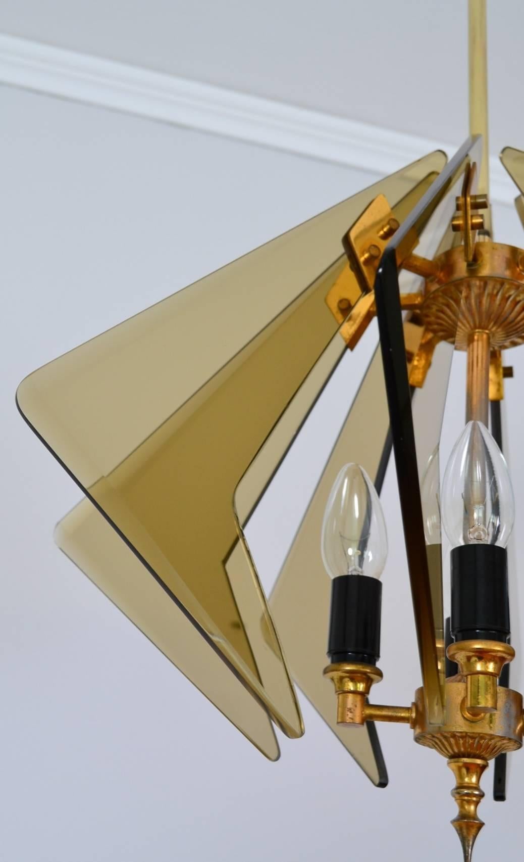 Smoked Glass and Brass Italian Sunburst Pendant Lamp, Cristal Art, 1960s 1