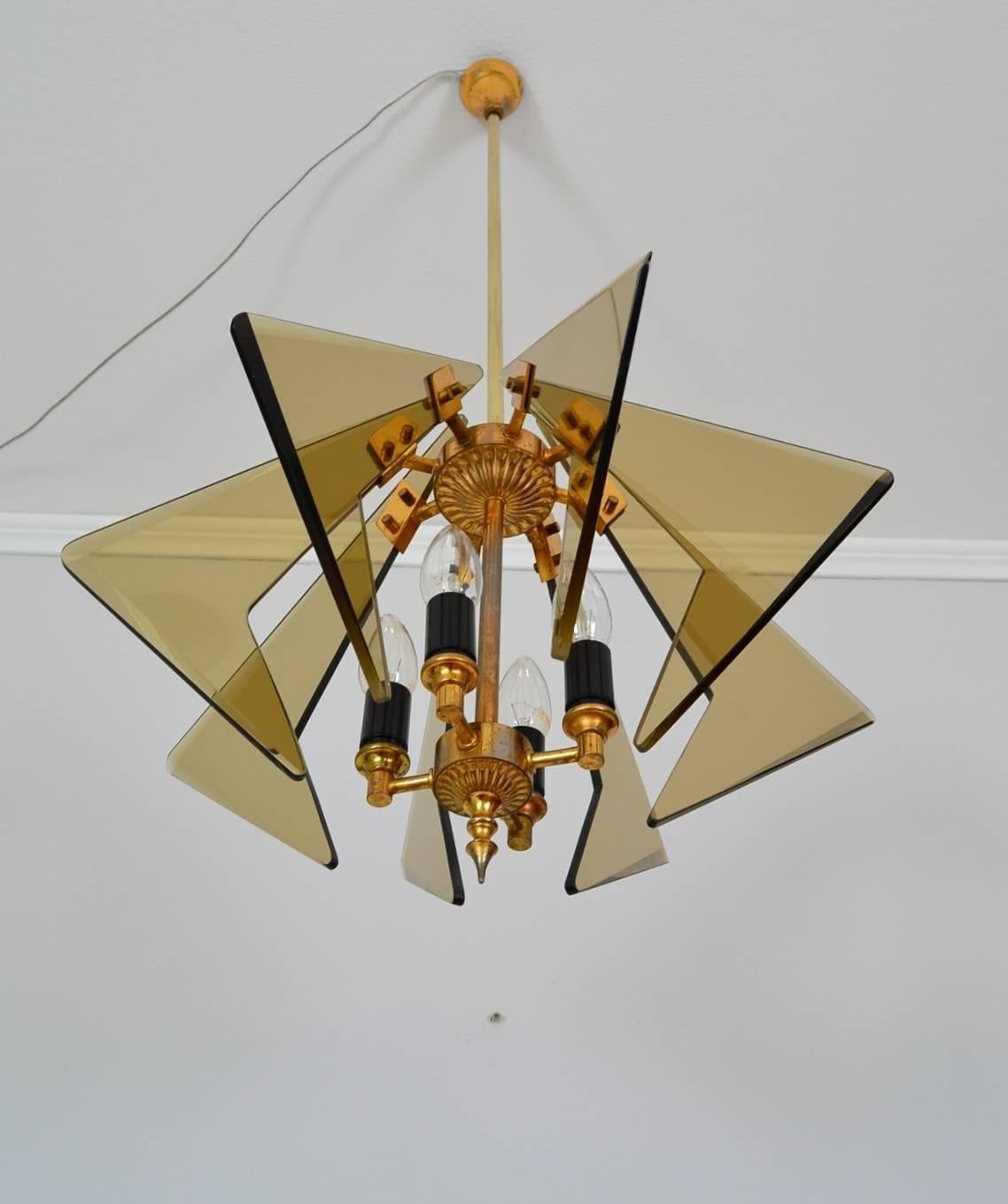 Smoked Glass and Brass Italian Sunburst Pendant Lamp, Cristal Art, 1960s 2