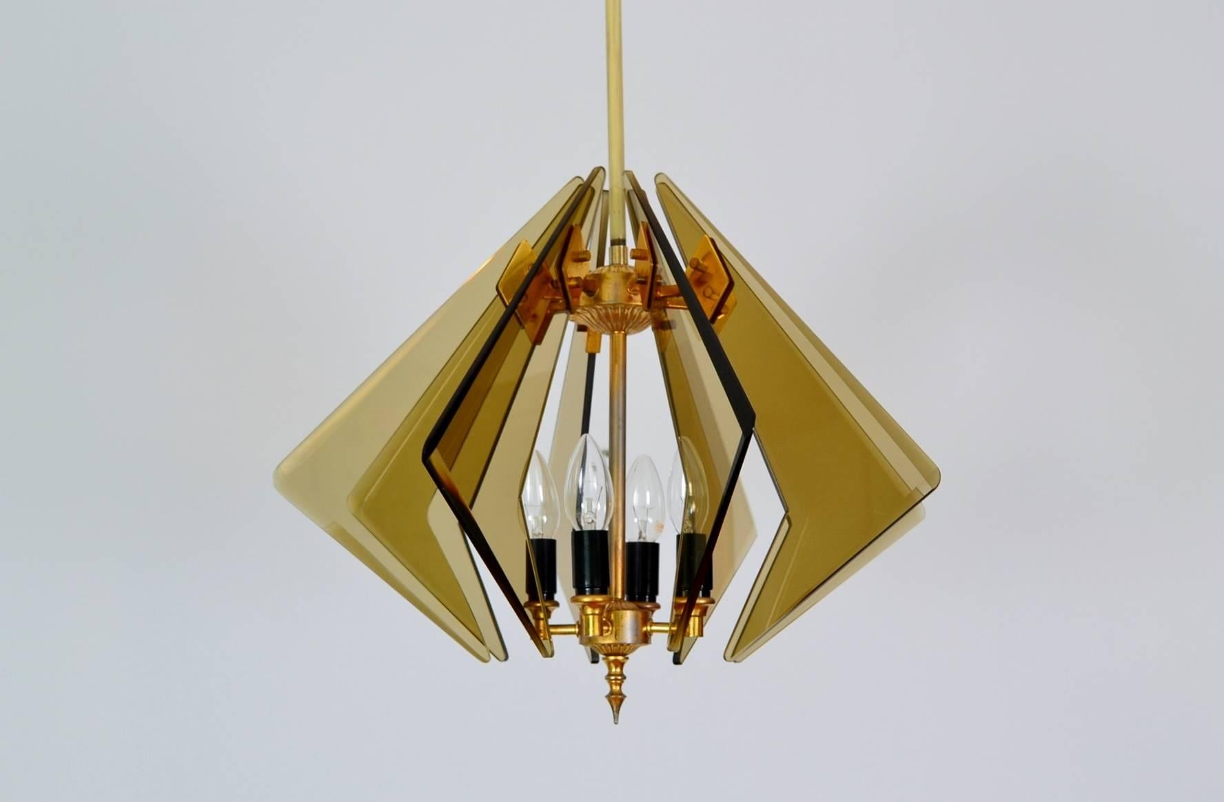 Smoked Glass and Brass Italian Sunburst Pendant Lamp, Cristal Art, 1960s 3