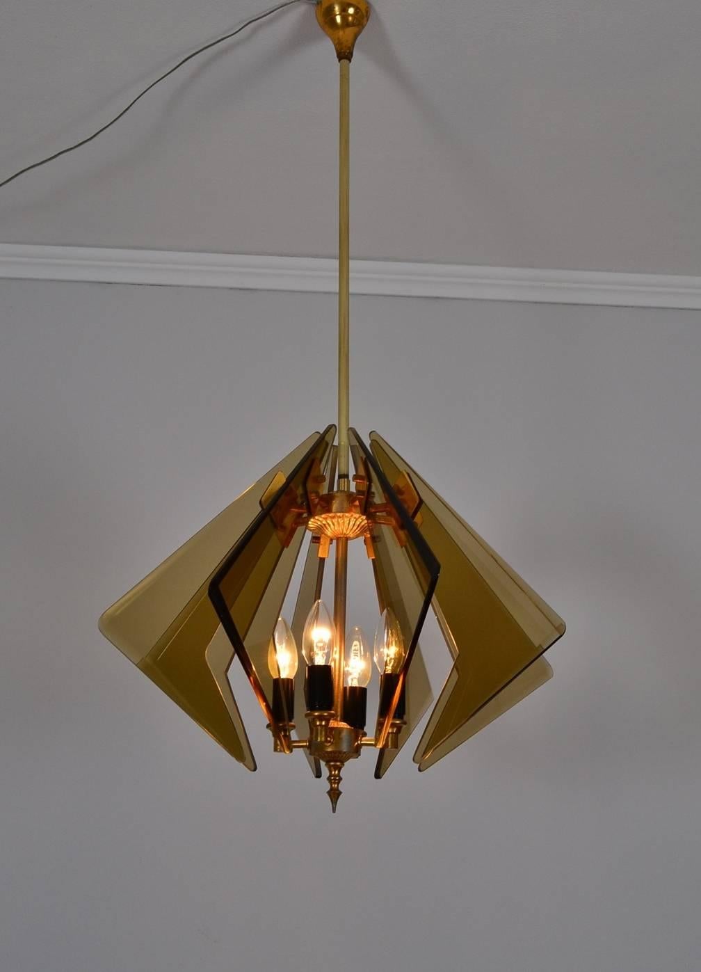 Smoked Glass and Brass Italian Sunburst Pendant Lamp, Cristal Art, 1960s 4
