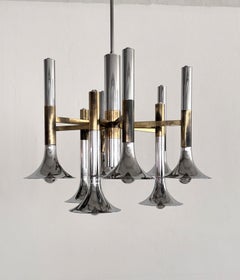 1970s Italian Large Trumpet Chrome and Brass Chandelier by Lumi Milano