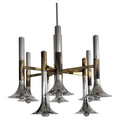1970s Italian Large Trumpet Chrome and Brass Chandelier by Lumi Milano