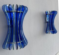 Italian Midcenury Large Blue and Green Crystal Glass Wall Sconces by VECA, 1970s