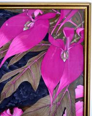 Framed Silk "Panther and Wild Pink Orchids and Flowers" Scarf, Hermès Style