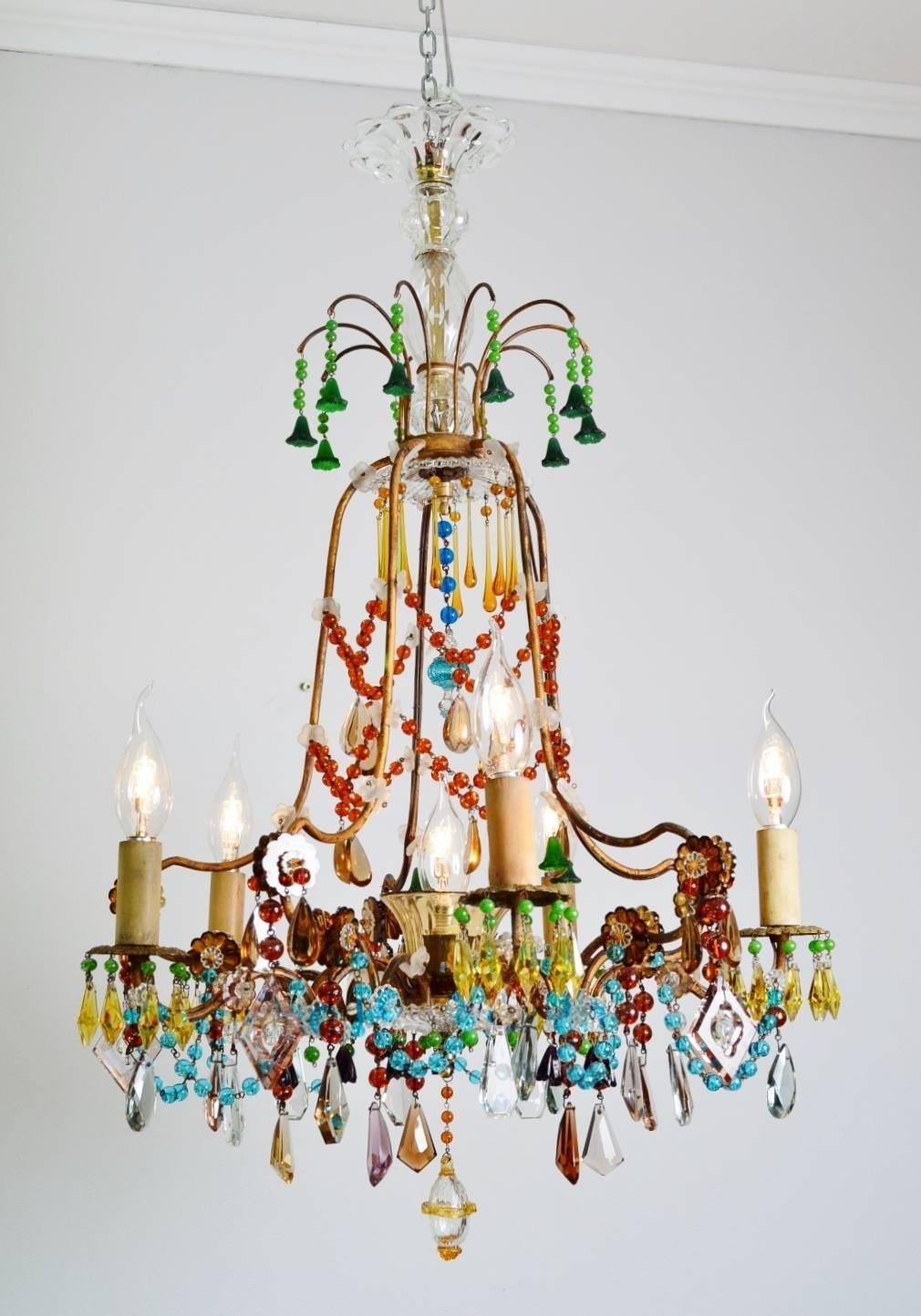 French Multicolor Murano Glass Gilt Chandelier Bohemian Style French Multicolor Murano Glass Gilt Chandelier Bohemian Style 1940s At 1stdibs