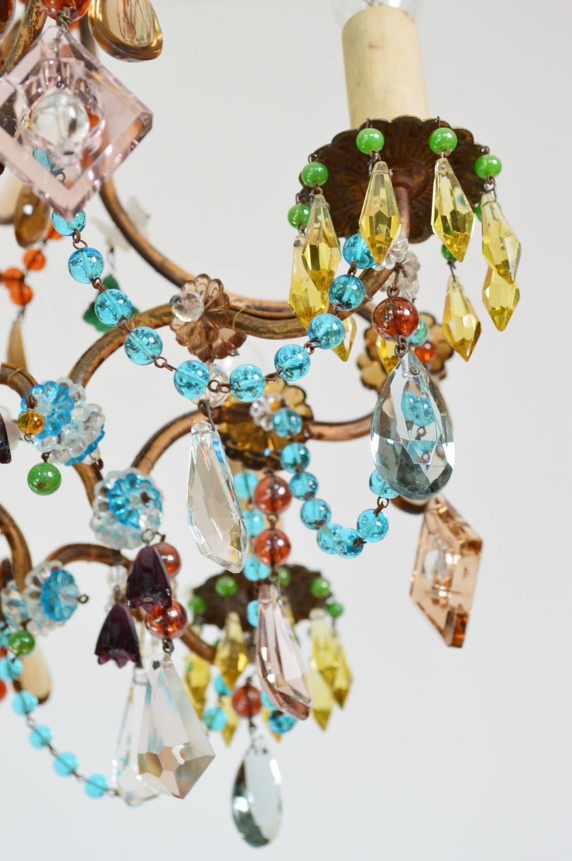 French Multicolor Murano Glass Gilt Chandelier 