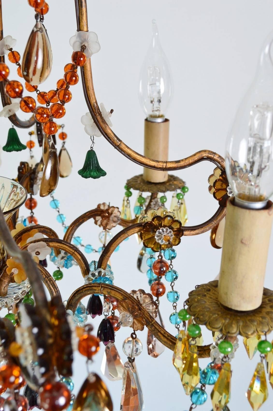 Mid-20th Century French Multicolor Murano Glass Gilt Chandelier 