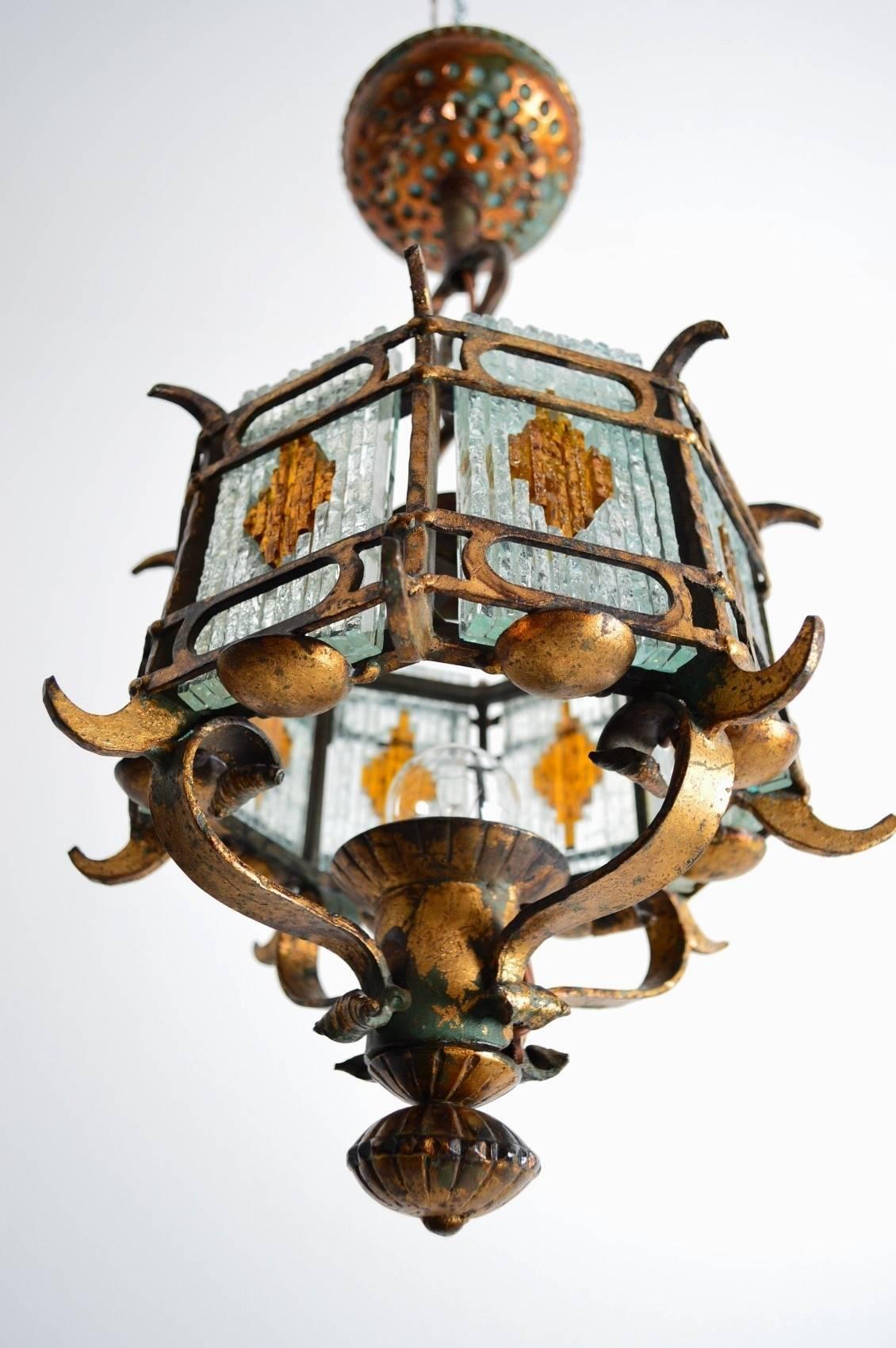 Mid-Century Modern Cut-Glass and Gilt Wrought Iron Lantern Pendant Lamp Brutalist Style, Italy