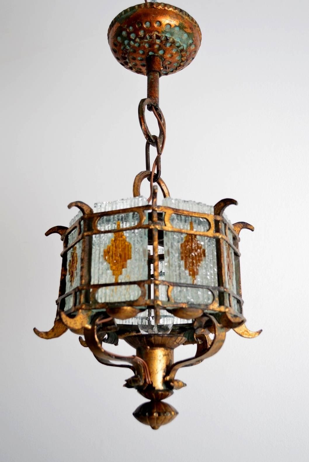 Italian Cut-Glass and Gilt Wrought Iron Lantern Pendant Lamp Brutalist Style, Italy