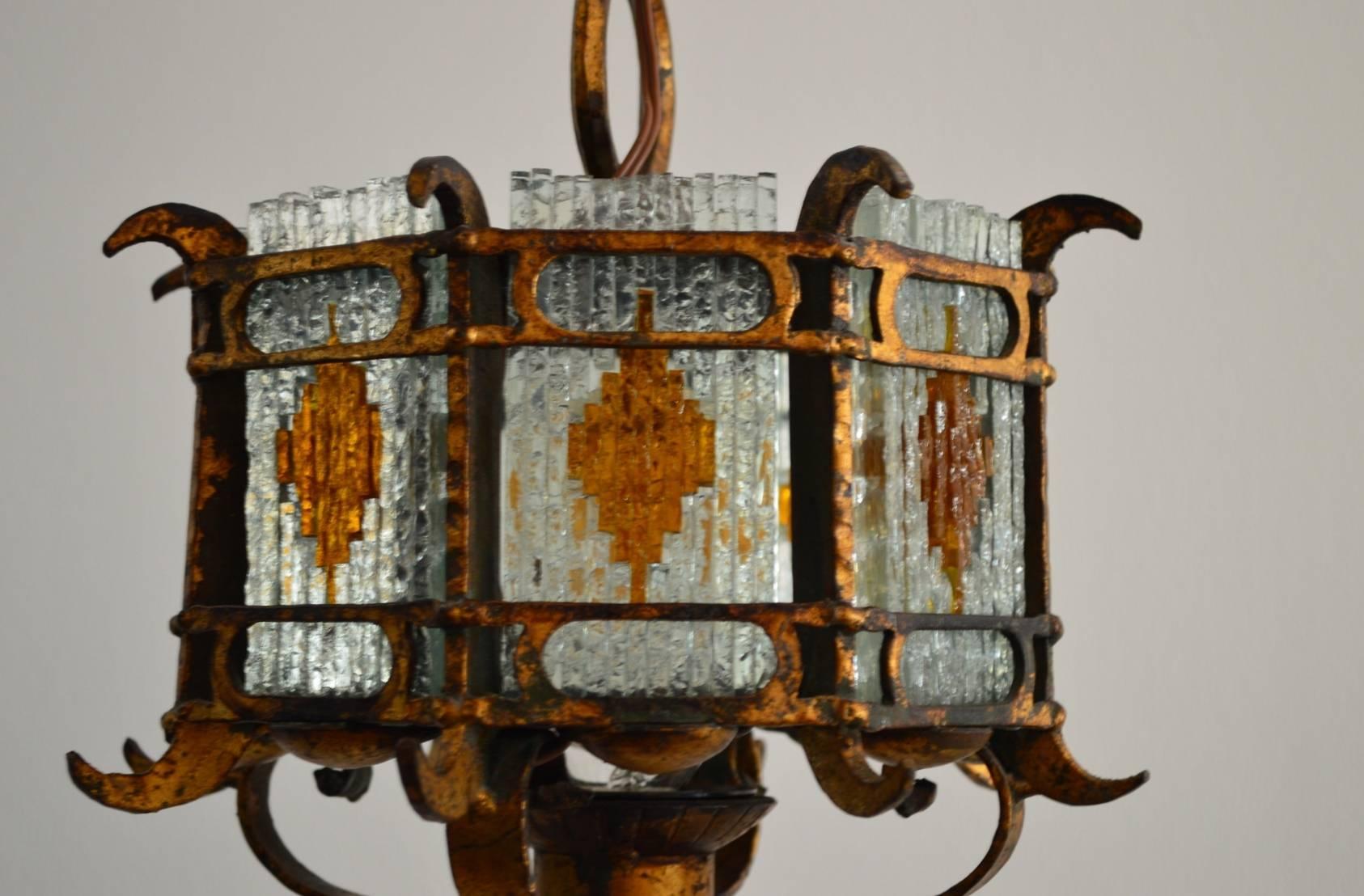 Cut-Glass and Gilt Wrought Iron Lantern Pendant Lamp Brutalist Style, Italy In Excellent Condition In Morazzone, Varese