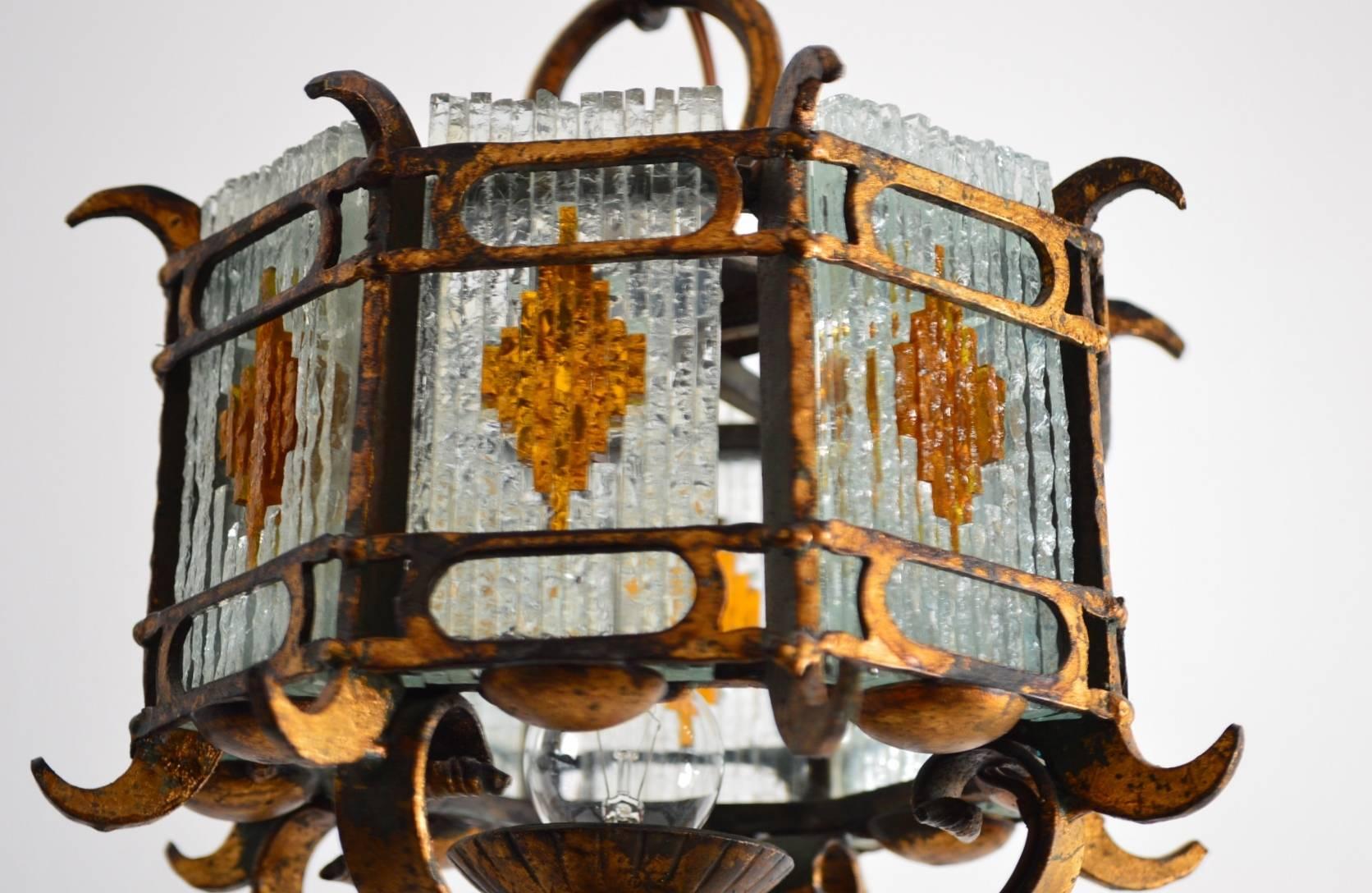 Mid-20th Century Cut-Glass and Gilt Wrought Iron Lantern Pendant Lamp Brutalist Style, Italy