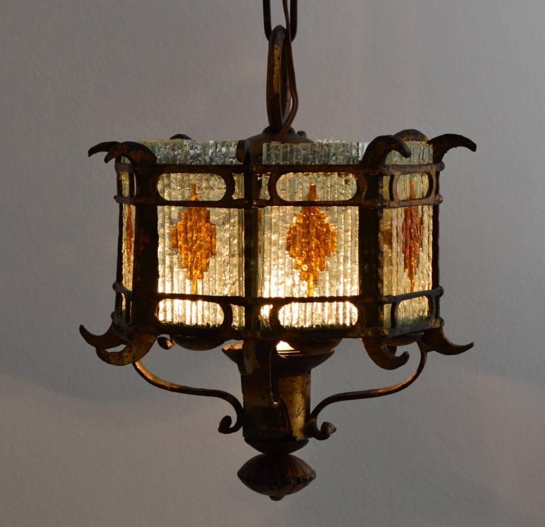 Cut Glass Cut-Glass and Gilt Wrought Iron Lantern Pendant Lamp Brutalist Style, Italy