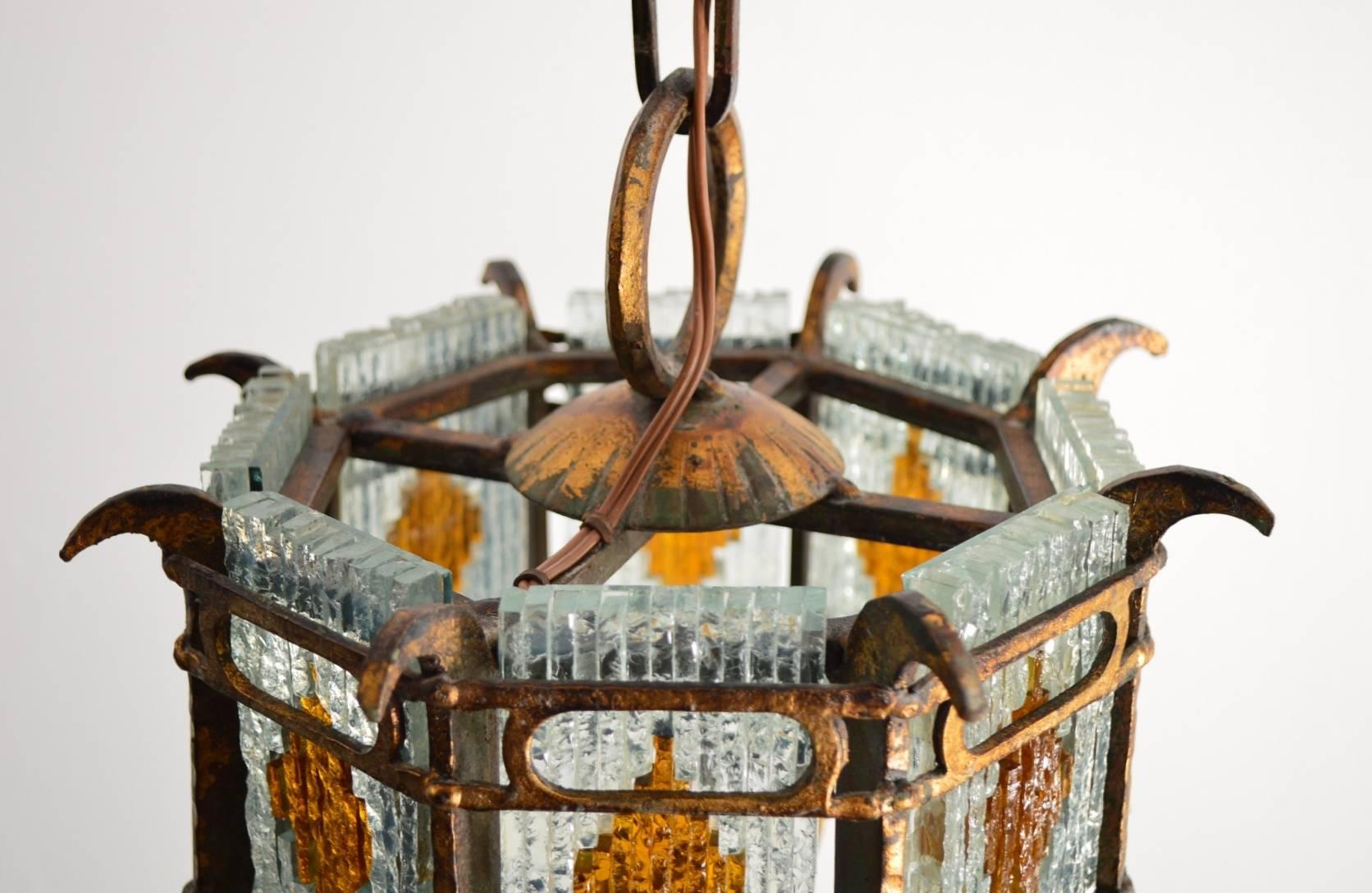 Cut-Glass and Gilt Wrought Iron Lantern Pendant Lamp Brutalist Style, Italy 1