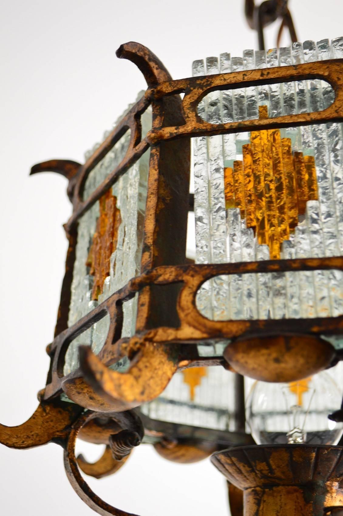 Cut-Glass and Gilt Wrought Iron Lantern Pendant Lamp Brutalist Style, Italy 2