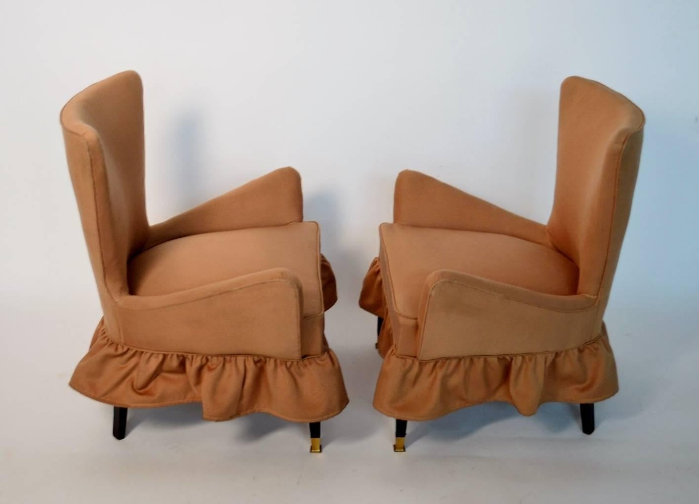 Mid-Century Modern Small Italian Slipper Chairs, Armchairs with Brass Feet, Italy 1960, Set of Two