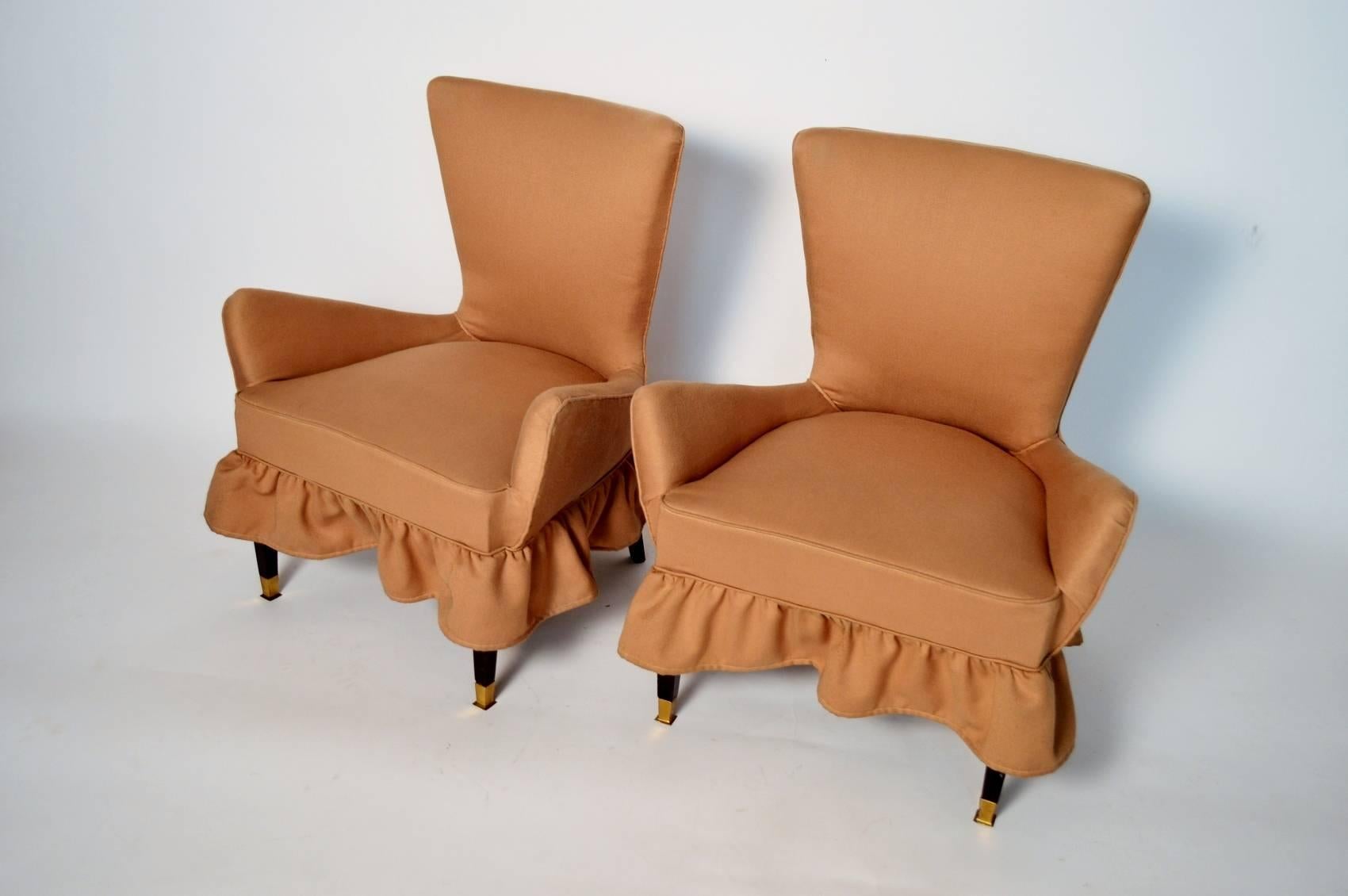 Mid-20th Century Small Italian Slipper Chairs, Armchairs with Brass Feet, Italy 1960, Set of Two