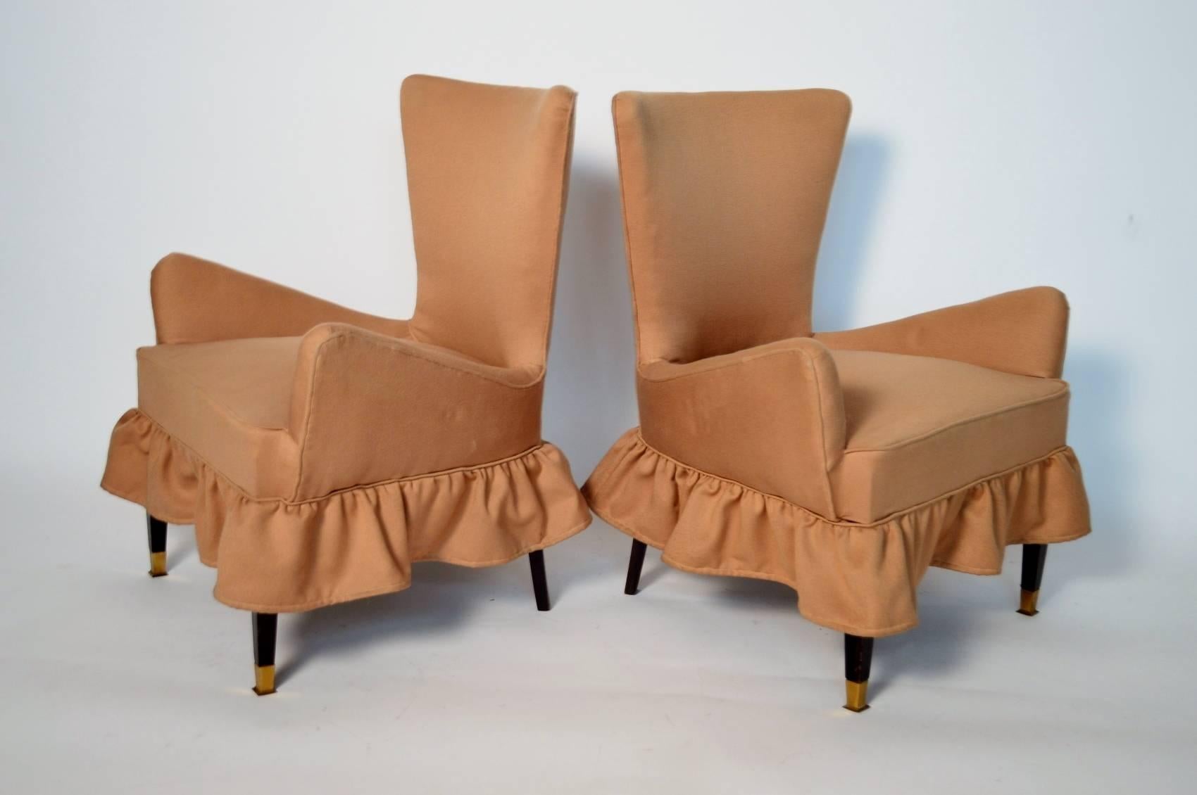 Small Italian Slipper Chairs, Armchairs with Brass Feet, Italy 1960, Set of Two 1