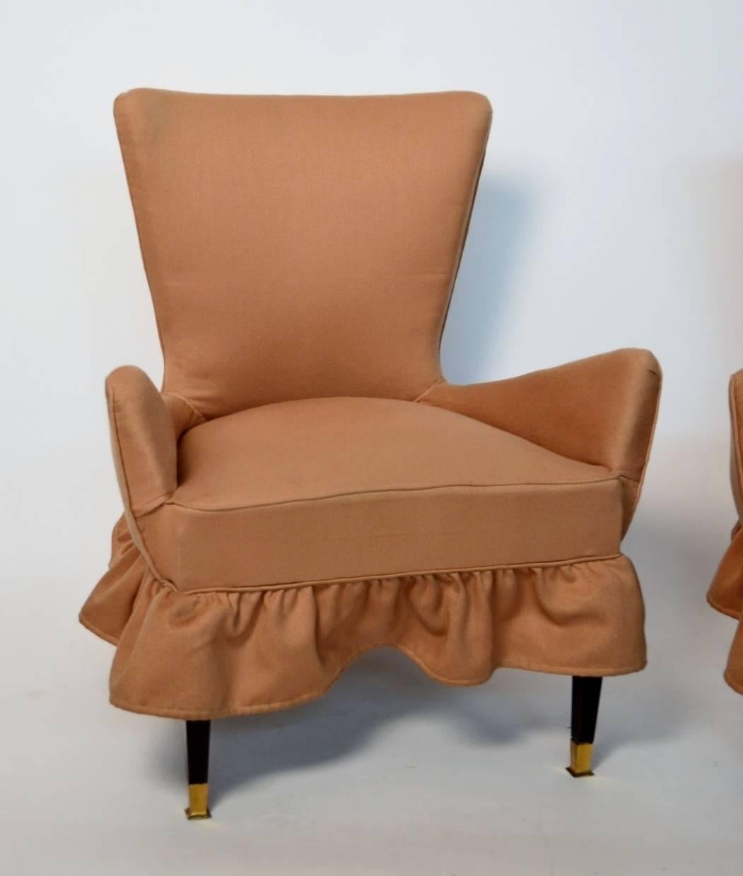 Small Italian Slipper Chairs, Armchairs with Brass Feet, Italy 1960, Set of Two In Good Condition In Morazzone, Varese