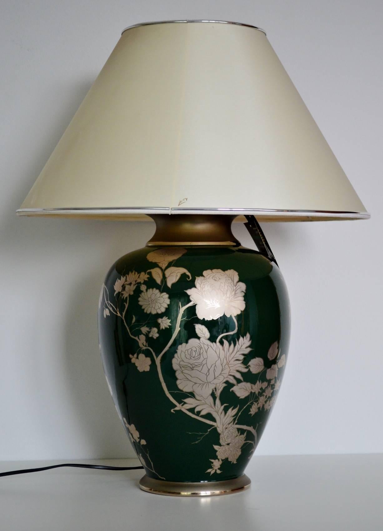 French Maison Le Dauphin Ceramic Table Lamp Silver Green, Signed, France Regency, 1970