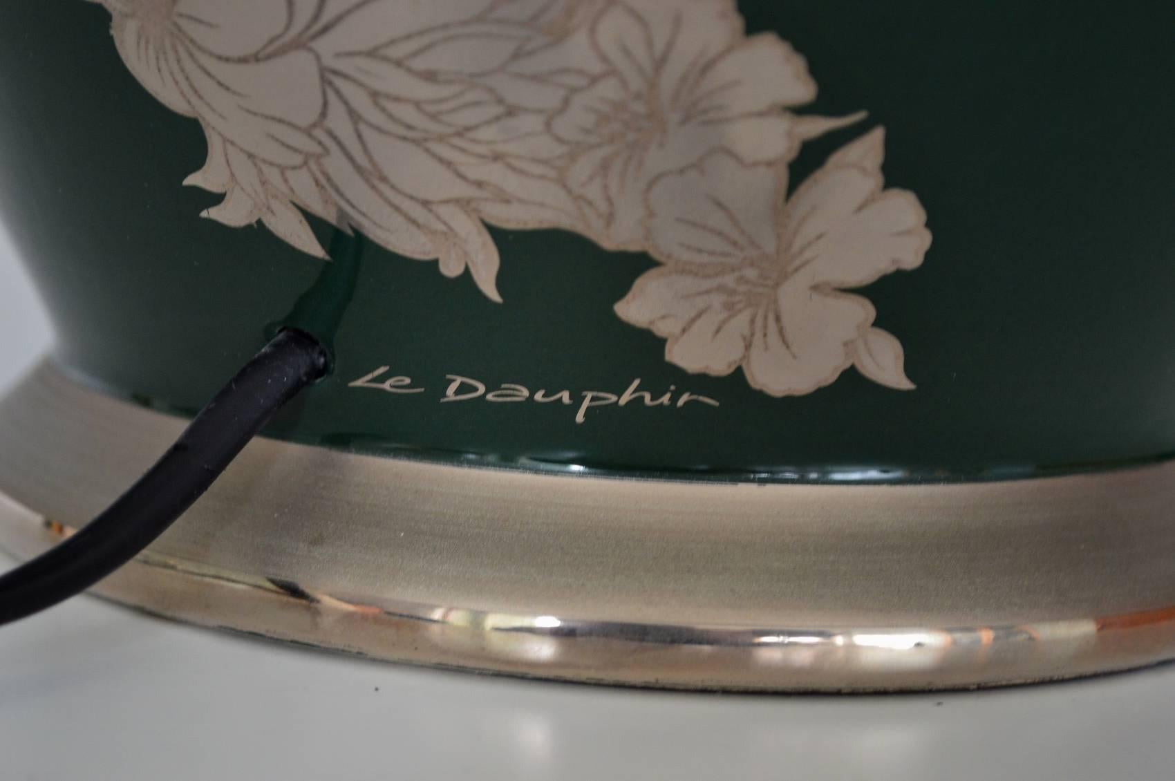 Maison Le Dauphin Ceramic Table Lamp Silver Green, Signed, France Regency, 1970 1