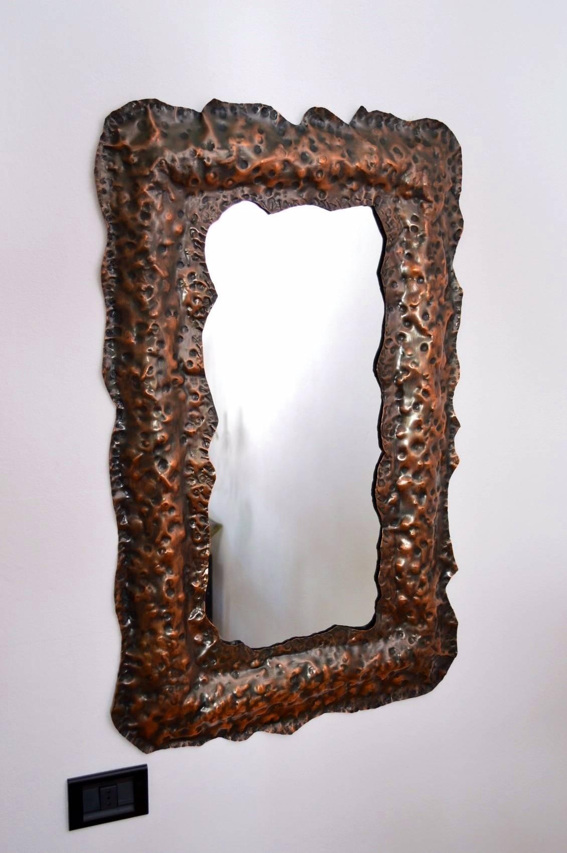 Late 20th Century Vintage Brutalist Copper Wall Mirror, Italy, 1970s